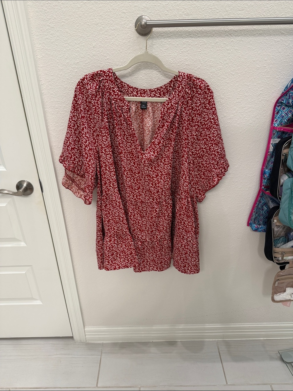 Red Floral V-Neck Women's Blouse